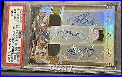 2018 Panini XR Gold Brady Brees Rodgers Triple Auto Jersey swatches card 2/3