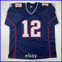 Autographed Tom Brady New England Blue Reprint Football Jersey Size Men's XL NEW