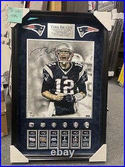 Tom Brady Autographed 16x20 Game Photo in Shadow Box with 6 Replica Patriots Rings